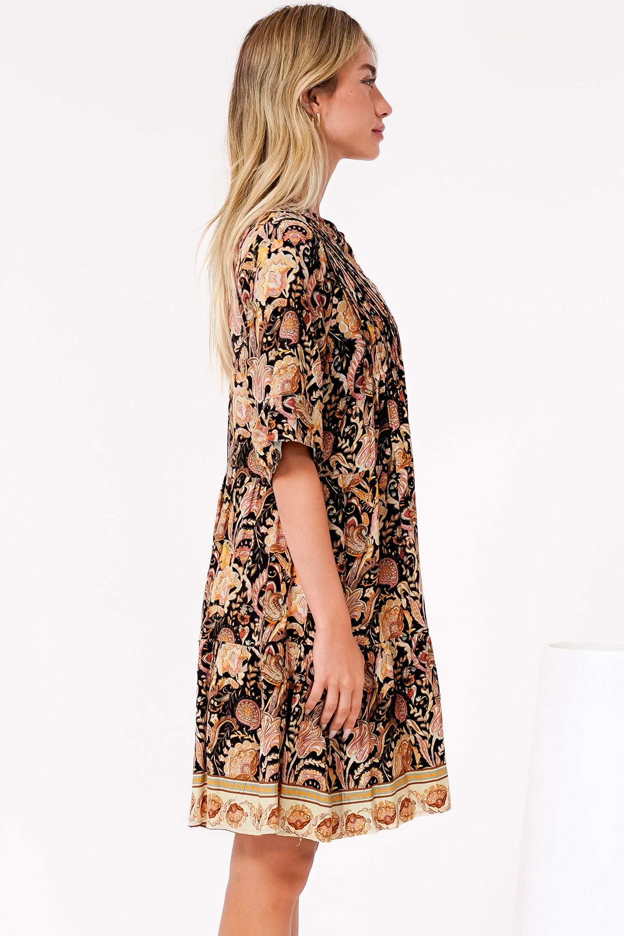 Evie Mini Dress - 3/4 Sleeve Tiered Smock Dress in Pree Print Black