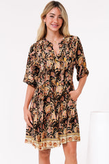 Evie Mini Dress - 3/4 Sleeve Tiered Smock Dress in Pree Print Black