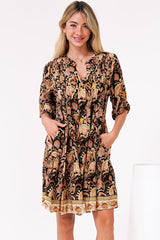 Evie Mini Dress - 3/4 Sleeve Tiered Smock Dress in Pree Print Black