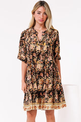 Evie Mini Dress - 3/4 Sleeve Tiered Smock Dress in Pree Print Black