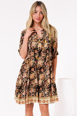 Evie Mini Dress - 3/4 Sleeve Tiered Smock Dress in Pree Print Black
