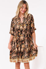 Evie Mini Dress - 3/4 Sleeve Tiered Smock Dress in Pree Print Black