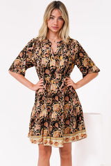 Evie Mini Dress - 3/4 Sleeve Tiered Smock Dress in Pree Print Black