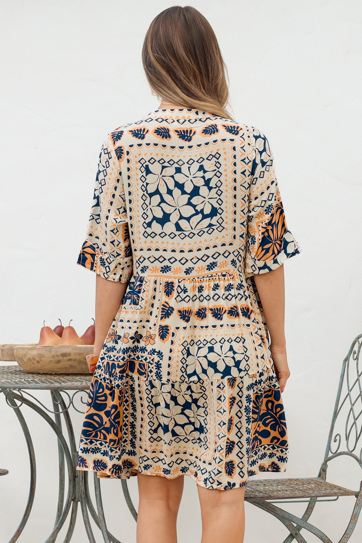 Evie Mini Dress - 3/4 Sleeve Tiered Smock Dress in Alphy Print