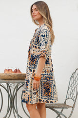 Evie Mini Dress - 3/4 Sleeve Tiered Smock Dress in Alphy Print