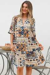 Evie Mini Dress - 3/4 Sleeve Tiered Smock Dress in Alphy Print
