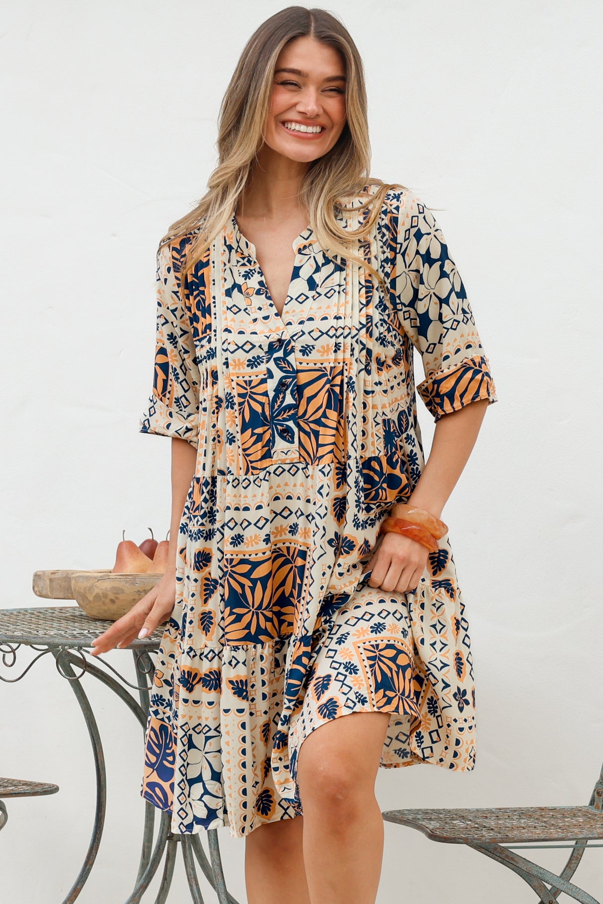 Evie Mini Dress - 3/4 Sleeve Tiered Smock Dress in Alphy Print