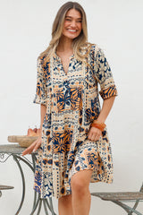 Evie Mini Dress - 3/4 Sleeve Tiered Smock Dress in Alphy Print