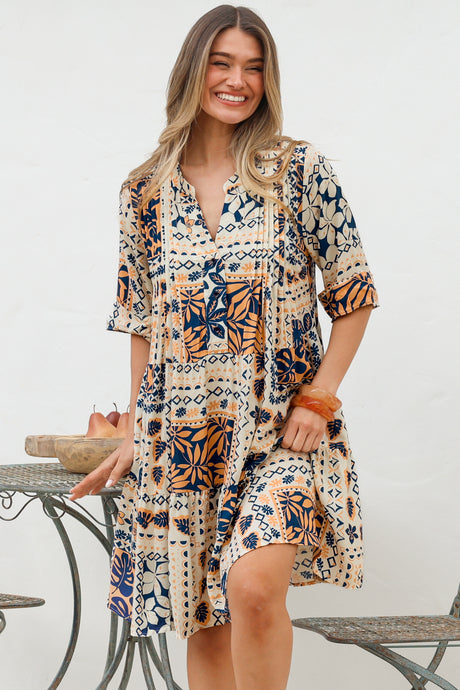 Evie Mini Dress - 3/4 Sleeve Tiered Smock Dress in Alphy Print
