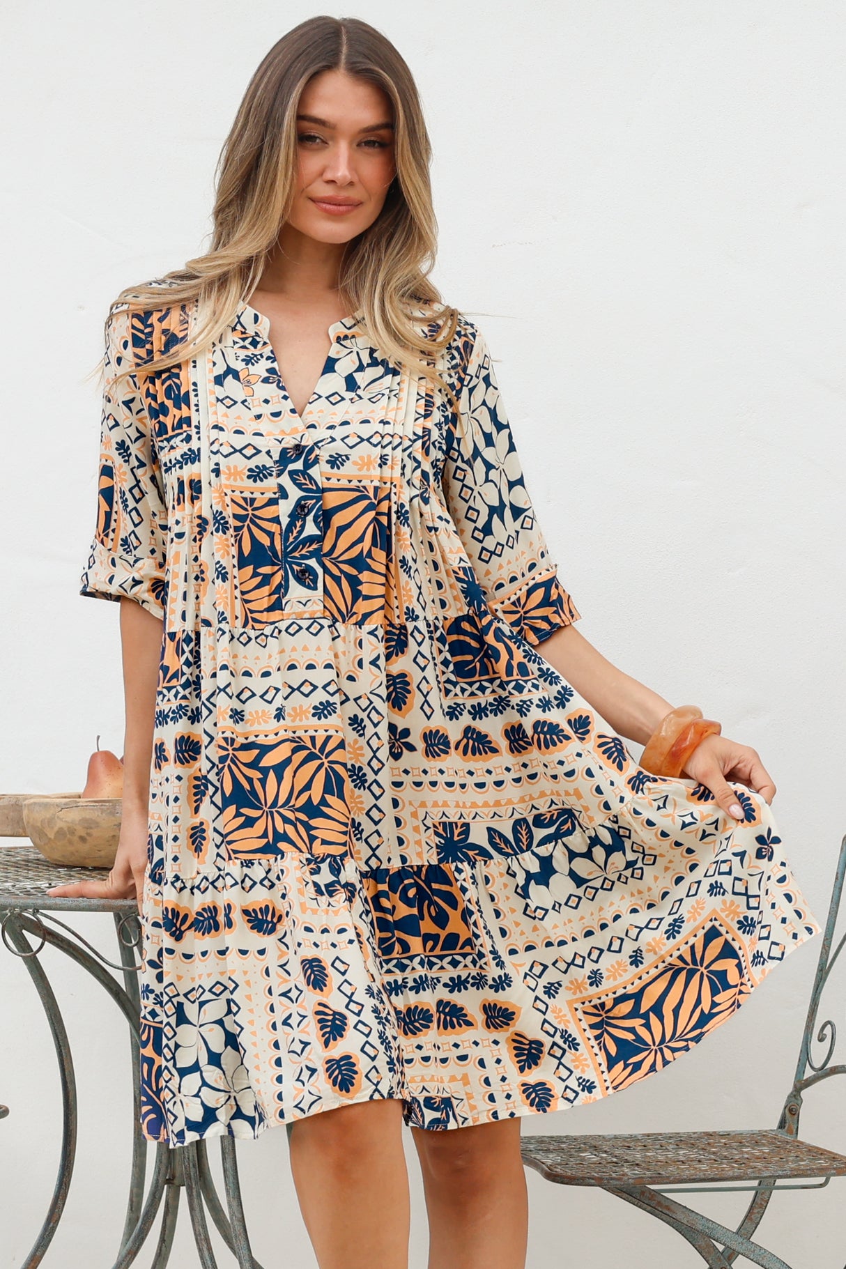 Evie Mini Dress - 3/4 Sleeve Tiered Smock Dress in Alphy Print