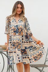 Evie Mini Dress - 3/4 Sleeve Tiered Smock Dress in Alphy Print