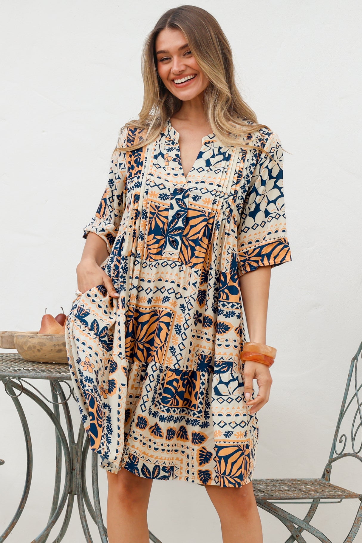 Evie Mini Dress - 3/4 Sleeve Tiered Smock Dress in Alphy Print