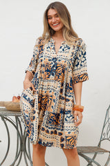 Evie Mini Dress - 3/4 Sleeve Tiered Smock Dress in Alphy Print