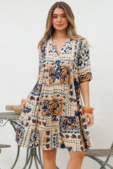 Evie Mini Dress - 3/4 Sleeve Tiered Smock Dress in Alphy Print