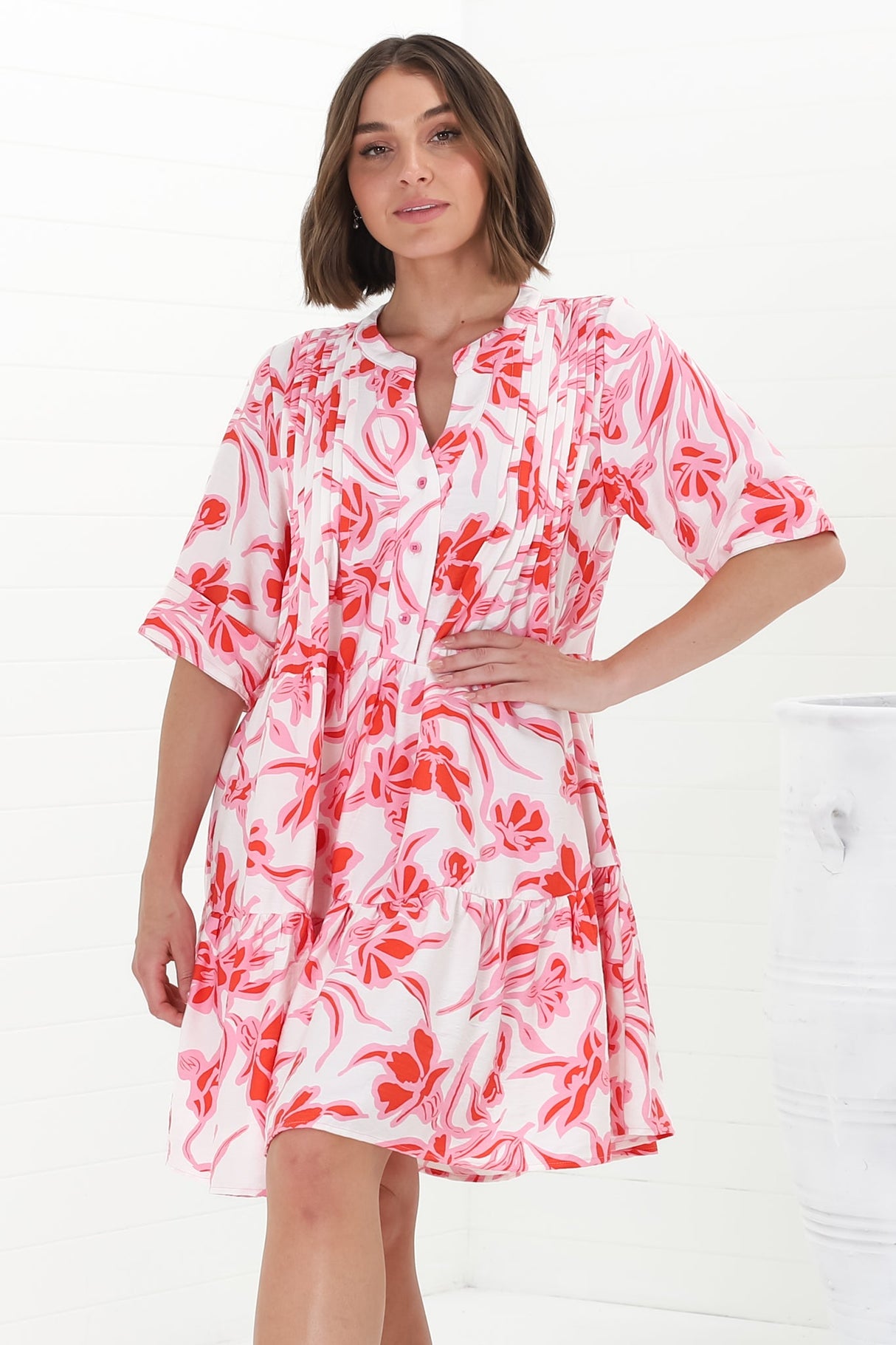 Evie Mini Dress - 3/4 Sleeve Tiered Smock Dress in Braley Print Pink