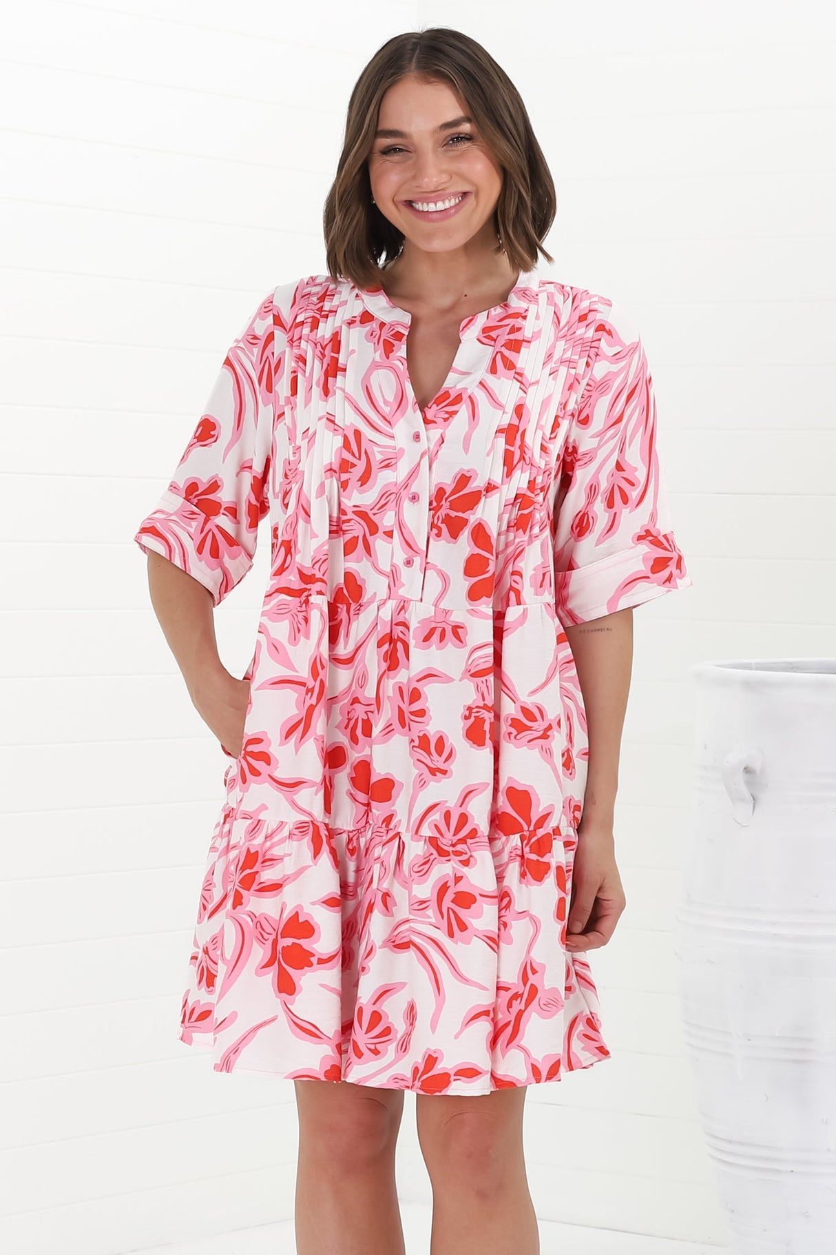 Evie Mini Dress - 3/4 Sleeve Tiered Smock Dress in Braley Print Pink