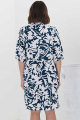 Evie Mini Dress - 3/4 Sleeve Tiered Smock Dress in Charis Print Blue