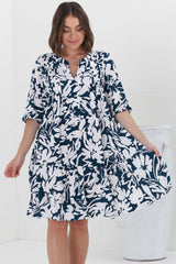 Evie Mini Dress - 3/4 Sleeve Tiered Smock Dress in Charis Print Blue