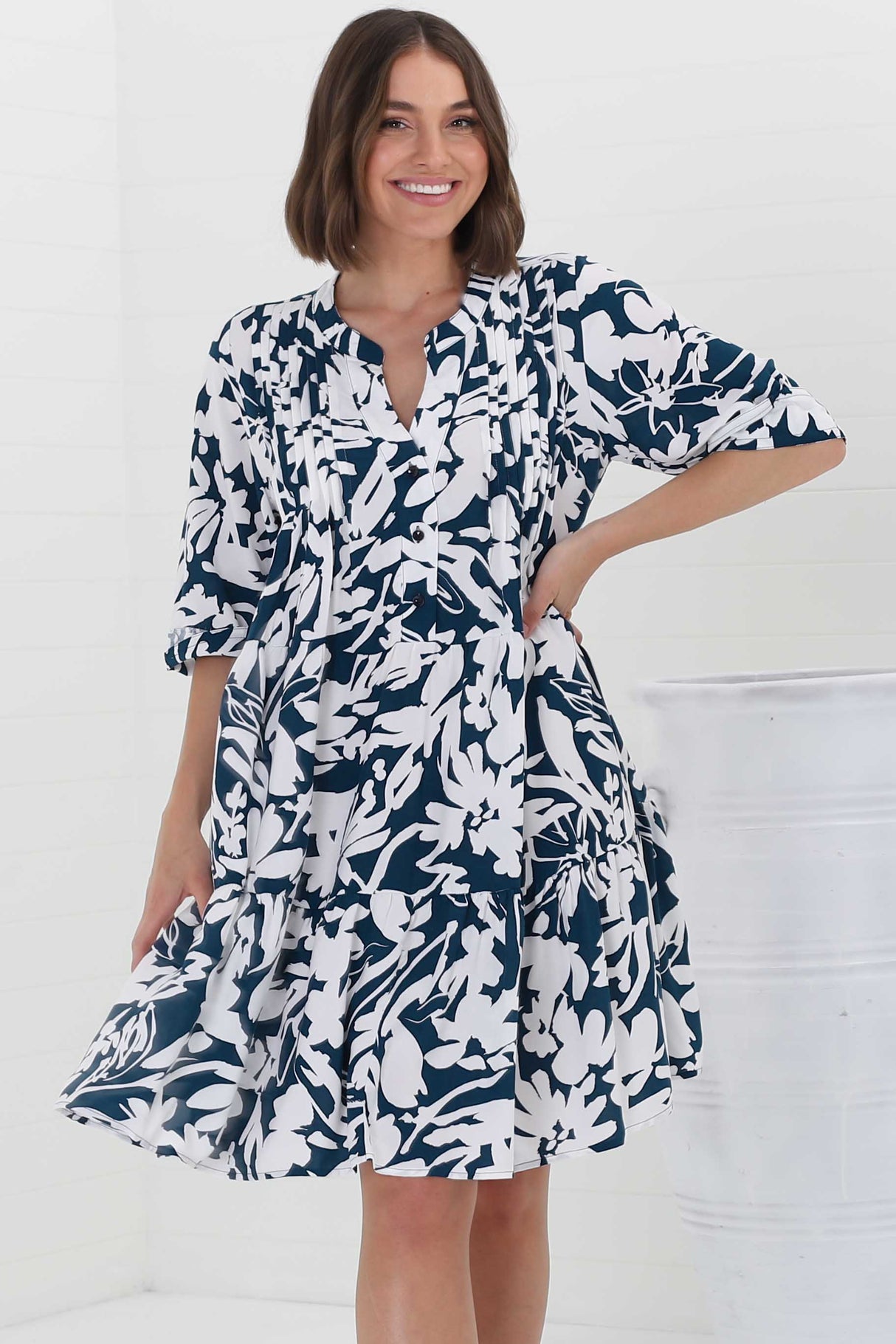 Evie Mini Dress - 3/4 Sleeve Tiered Smock Dress in Charis Print Blue