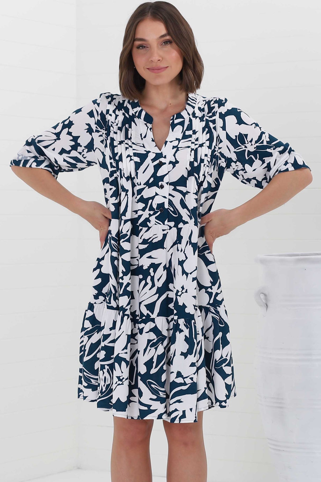 Evie Mini Dress - 3/4 Sleeve Tiered Smock Dress in Charis Print Blue