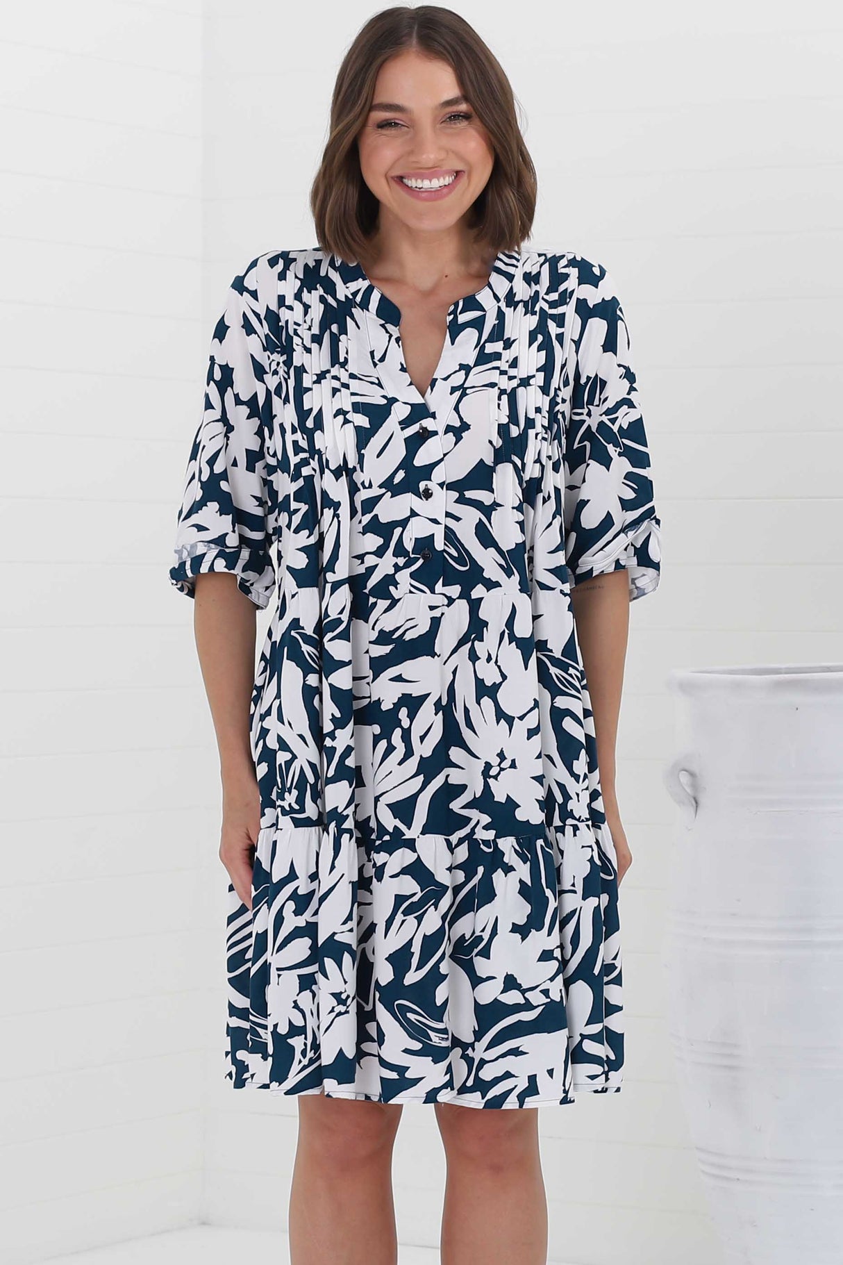 Evie Mini Dress - 3/4 Sleeve Tiered Smock Dress in Charis Print Blue