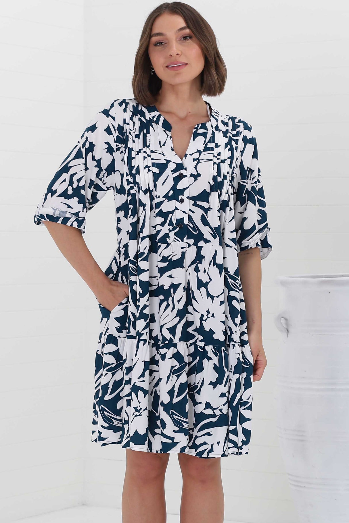 Evie Mini Dress - 3/4 Sleeve Tiered Smock Dress in Charis Print Blue