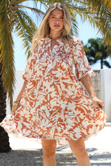 Evie Mini Dress - 3/4 Sleeve Tiered Smock Dress in Charis Print Rust