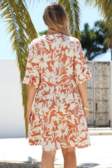 Evie Mini Dress - 3/4 Sleeve Tiered Smock Dress in Charis Print Rust