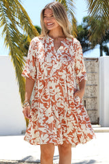 Evie Mini Dress - 3/4 Sleeve Tiered Smock Dress in Charis Print Rust