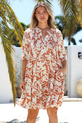 Evie Mini Dress - 3/4 Sleeve Tiered Smock Dress in Charis Print Rust