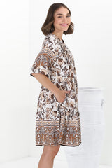 Evie Mini Dress - 3/4 Sleeve Tiered Smock Dress in Djonga Print Beige