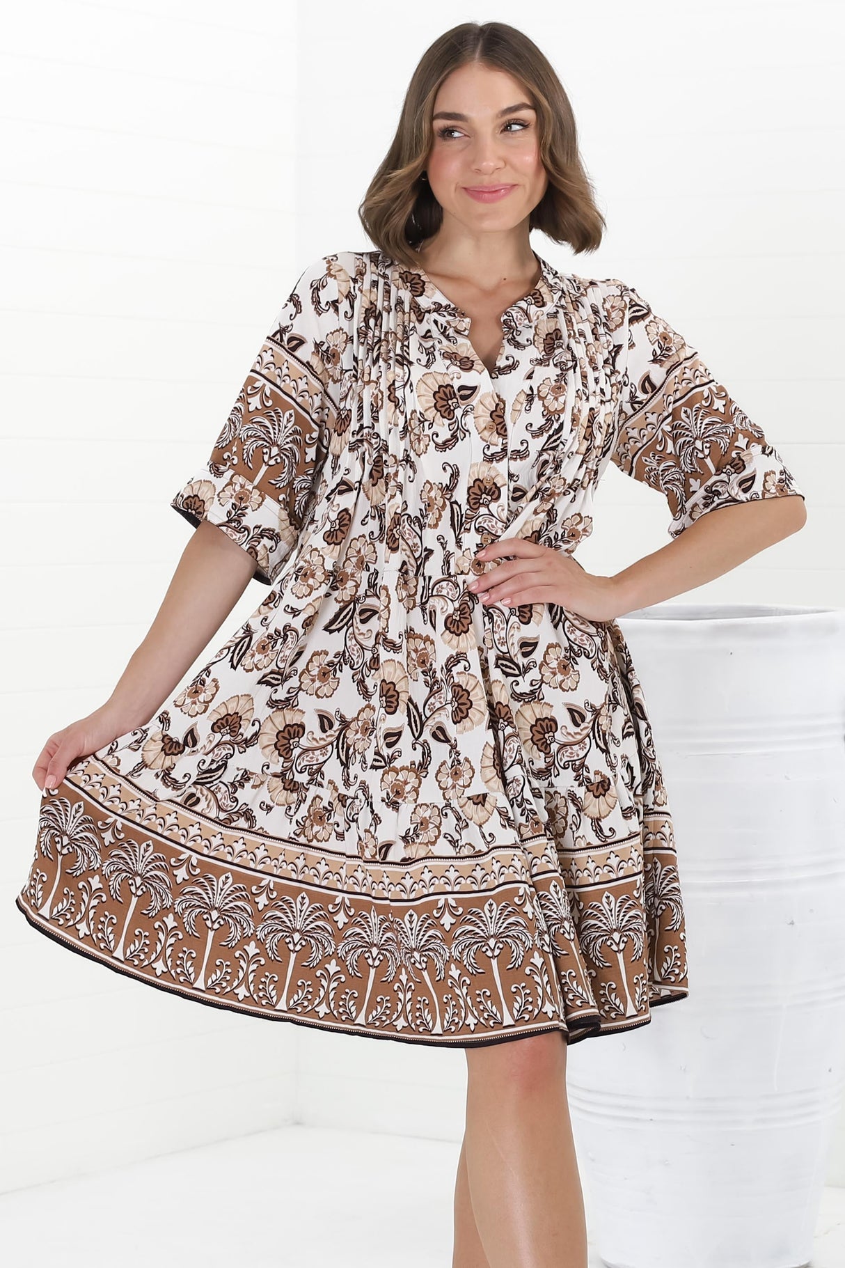 Evie Mini Dress - 3/4 Sleeve Tiered Smock Dress in Djonga Print Beige