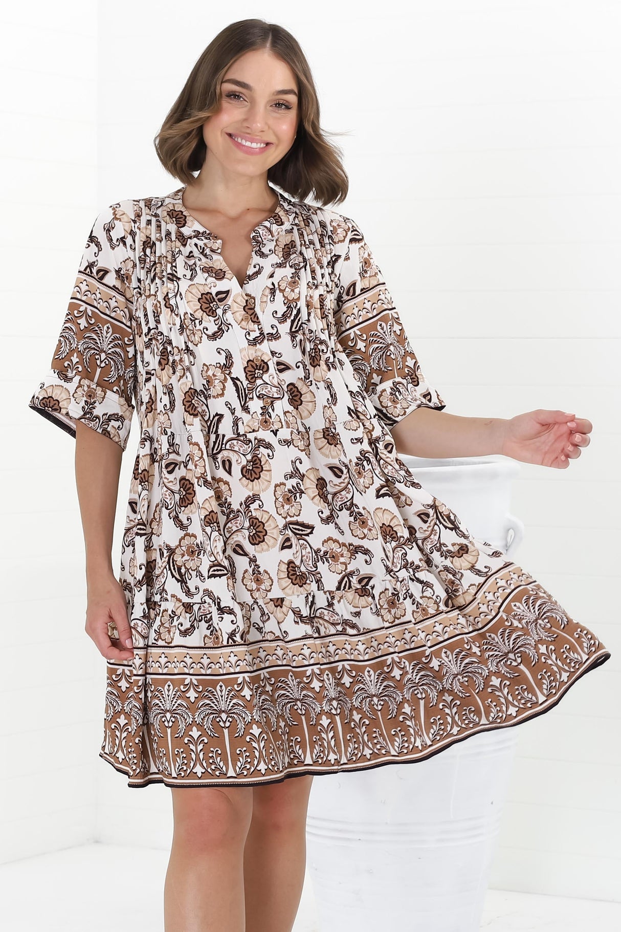 Evie Mini Dress - 3/4 Sleeve Tiered Smock Dress in Djonga Print Beige