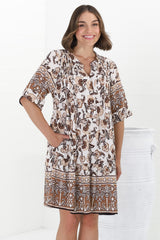 Evie Mini Dress - 3/4 Sleeve Tiered Smock Dress in Djonga Print Beige