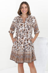 Evie Mini Dress - 3/4 Sleeve Tiered Smock Dress in Djonga Print Beige