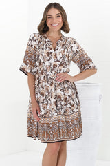 Evie Mini Dress - 3/4 Sleeve Tiered Smock Dress in Djonga Print Beige