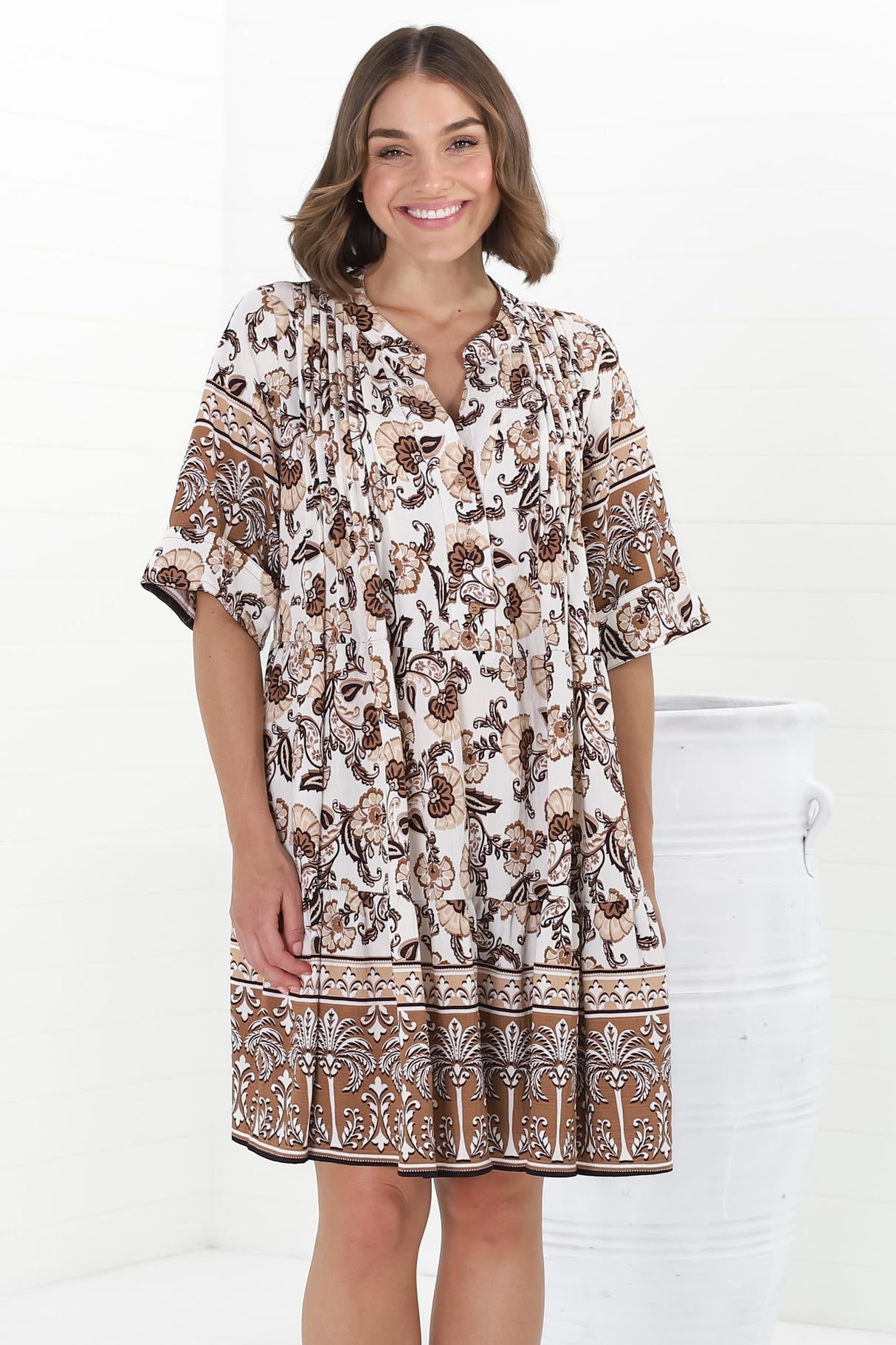 Evie Mini Dress - 3/4 Sleeve Tiered Smock Dress in Djonga Print Beige