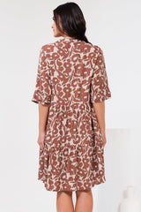 Evie Mini Dress - 3/4 Sleeve Tiered Smock Dress in Emma-Jade Print Brown