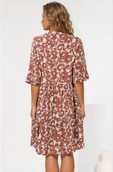 Evie Mini Dress - 3/4 Sleeve Tiered Smock Dress in Emma-Jade Print Brown