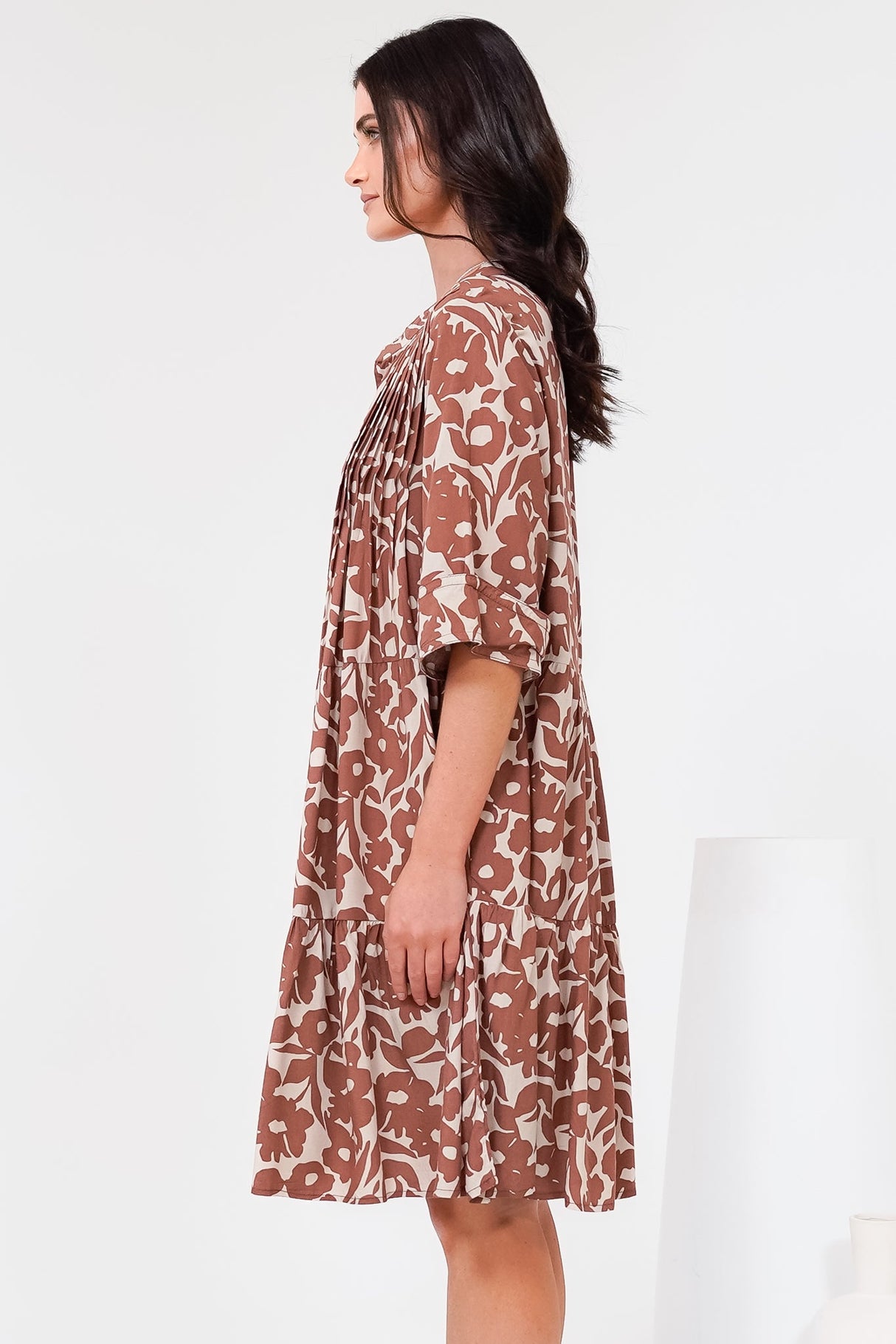 Evie Mini Dress - 3/4 Sleeve Tiered Smock Dress in Emma-Jade Print Brown
