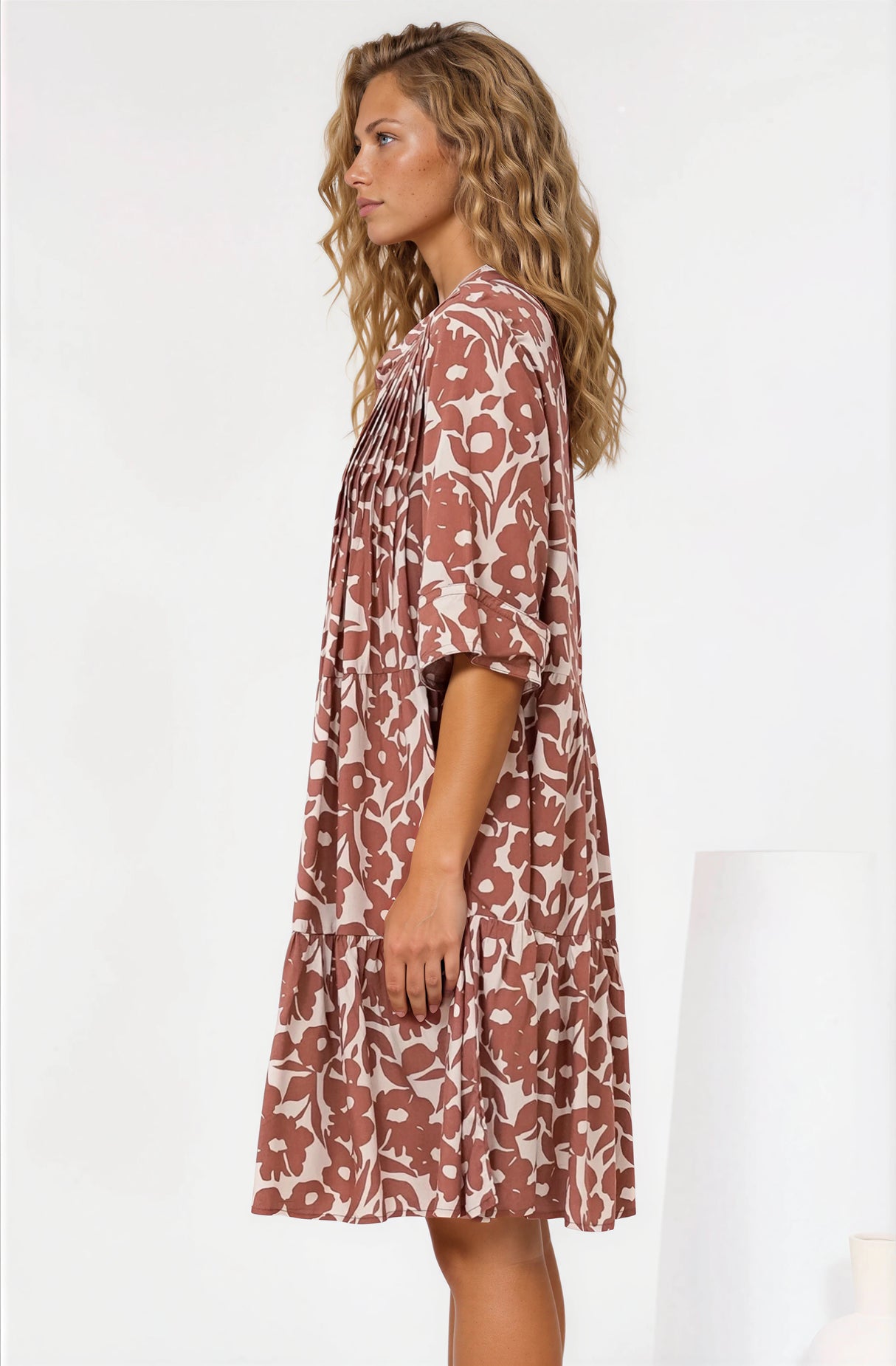 Evie Mini Dress - 3/4 Sleeve Tiered Smock Dress in Emma-Jade Print Brown