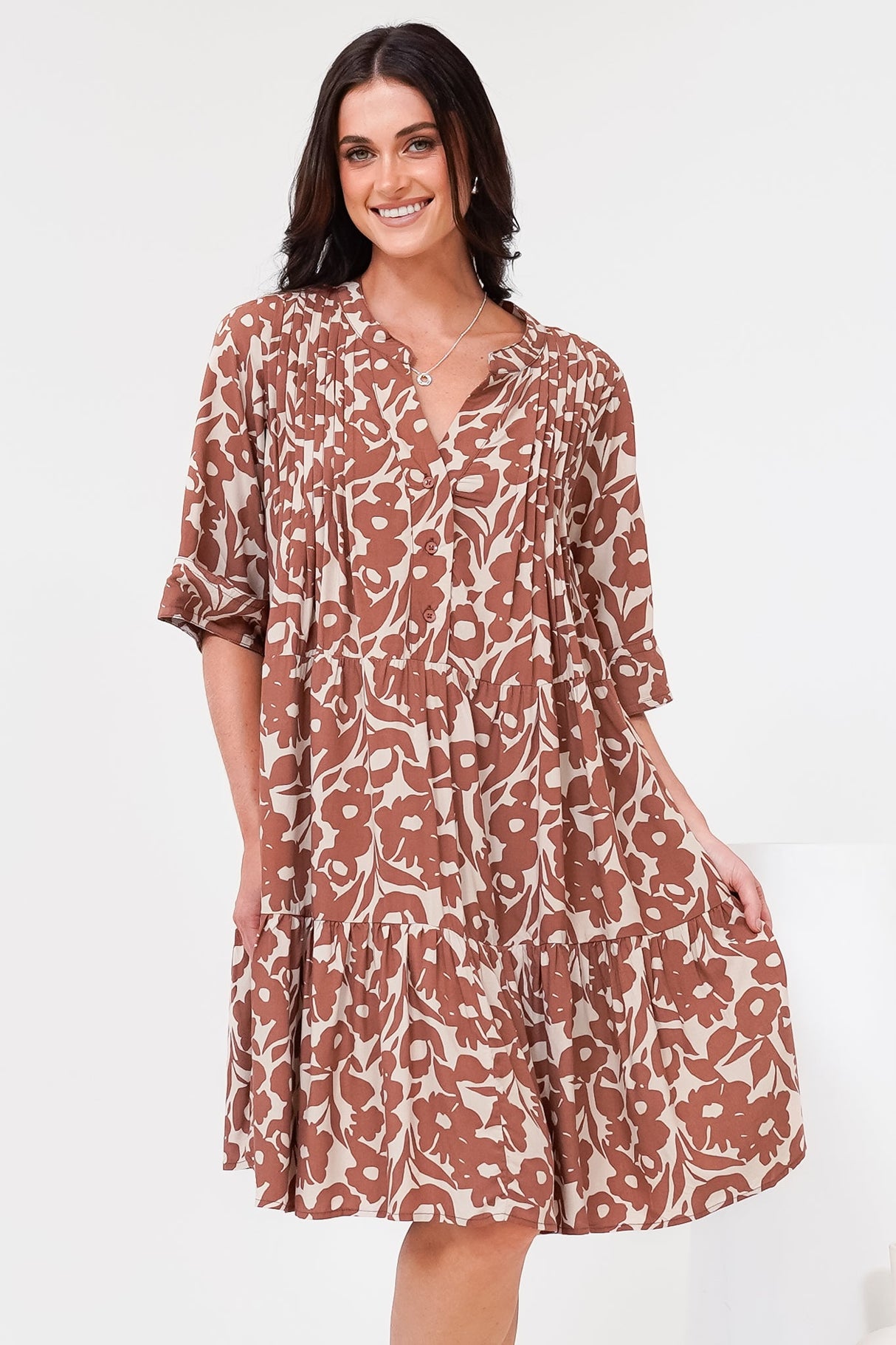 Evie Mini Dress - 3/4 Sleeve Tiered Smock Dress in Emma-Jade Print Brown