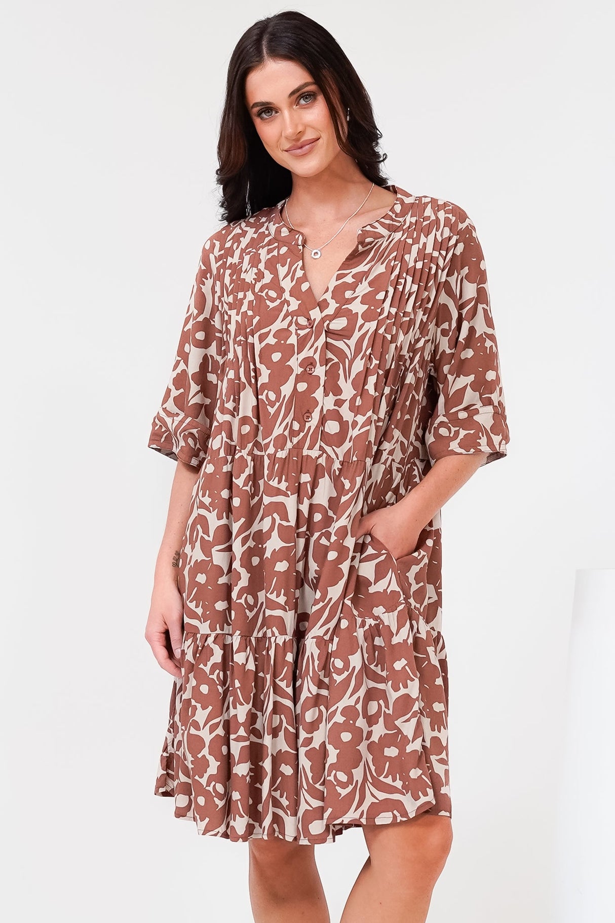 Evie Mini Dress - 3/4 Sleeve Tiered Smock Dress in Emma-Jade Print Brown