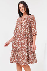 Evie Mini Dress - 3/4 Sleeve Tiered Smock Dress in Emma-Jade Print Brown