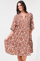 Evie Mini Dress - 3/4 Sleeve Tiered Smock Dress in Emma-Jade Print Brown