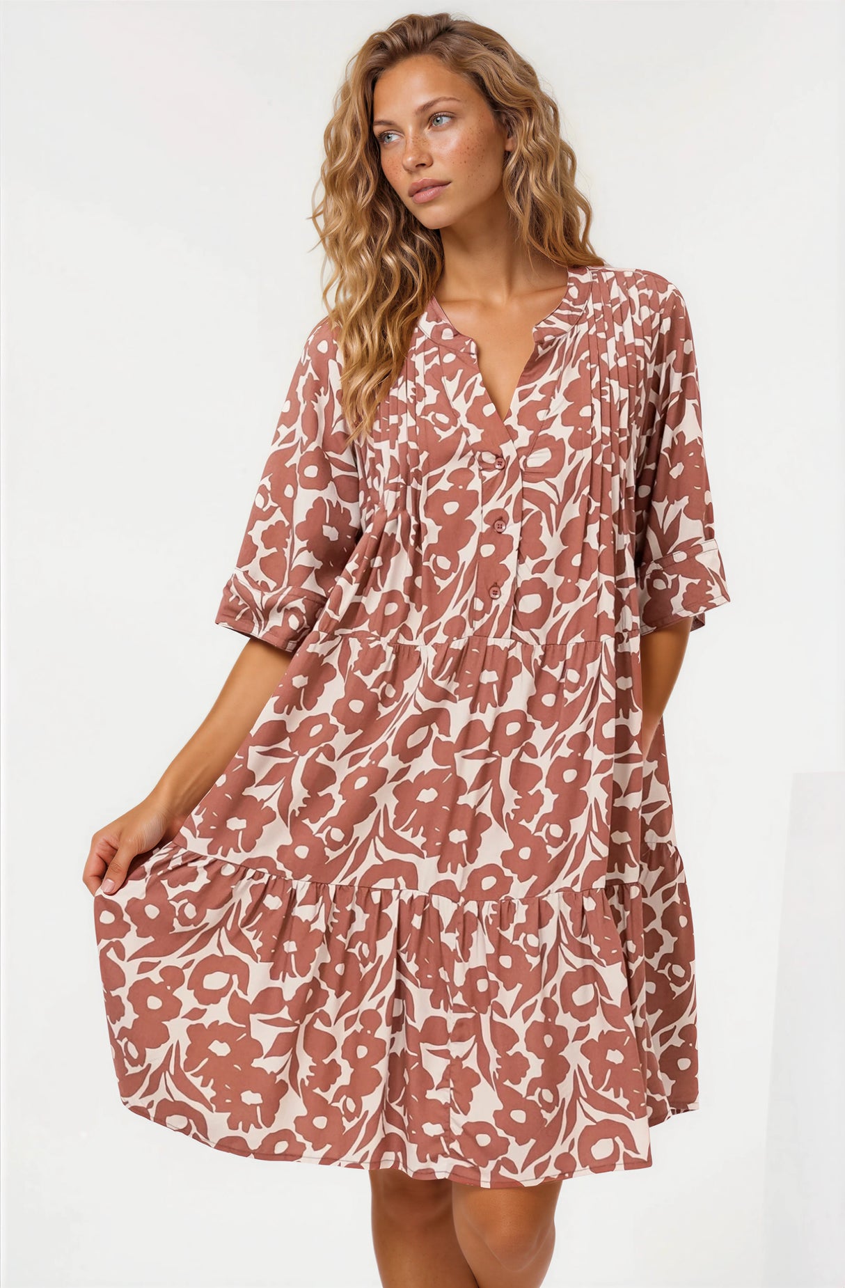 Evie Mini Dress - 3/4 Sleeve Tiered Smock Dress in Emma-Jade Print Brown