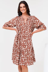 Evie Mini Dress - 3/4 Sleeve Tiered Smock Dress in Emma-Jade Print Brown