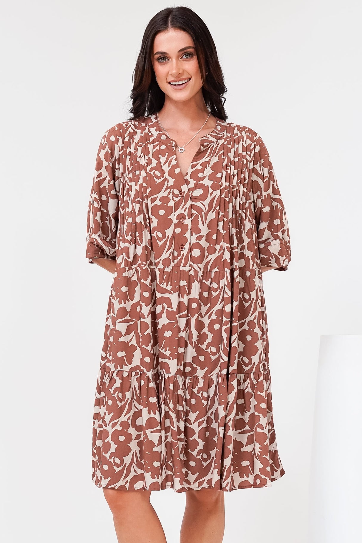Evie Mini Dress - 3/4 Sleeve Tiered Smock Dress in Emma-Jade Print Brown