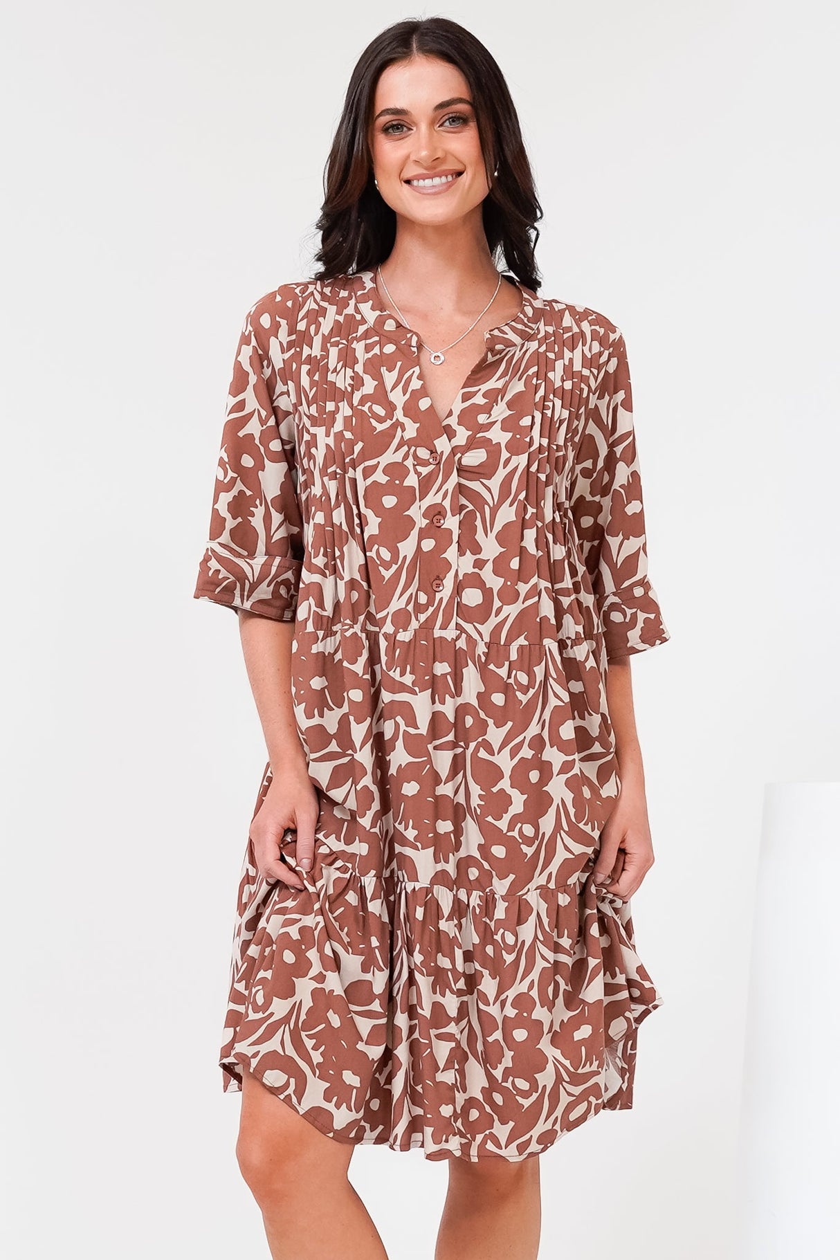 Evie Mini Dress - 3/4 Sleeve Tiered Smock Dress in Emma-Jade Print Brown