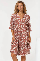 Evie Mini Dress - 3/4 Sleeve Tiered Smock Dress in Emma-Jade Print Brown